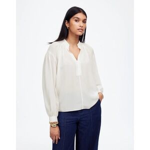 NEW Madewell Shirred Long-Sleeve Top in Silk Winter White V-Neck Size‎ Small NWT